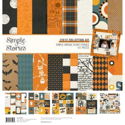 Simple Vintage Scary Stories Collection Kit includes 12 sheets of double-sided 12x12 Designer Cardstock, including cut apart Journal, Tags, and Element Sheets and a 12x12 Cardstock Sticker Sheet (89); 101 pieces.