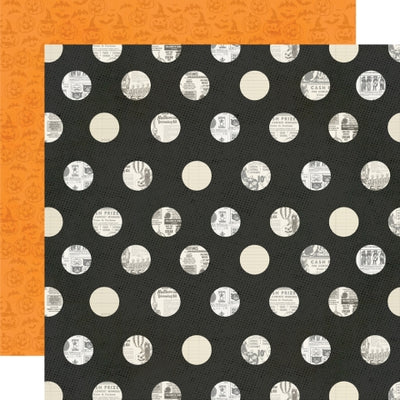 Patterned paper with a black background and white polka dots featuring printed designs, with an orange pattern on the reverse.