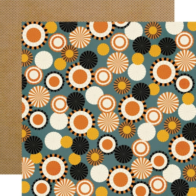 Patterned paper with circular shapes in orange, black, and white on a blue background, with black polka dots on orange reverse.