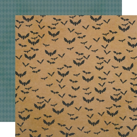 (Side A - black bat silhouettes of various sizes, scattered across a textured, light brown or kraft paper-colored background, Side B - repeating pattern of small diamonds or argyle shapes in a muted, dark teal or blue-green color)