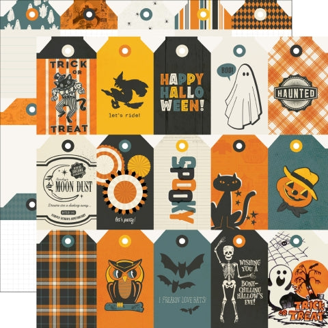 Collection of Halloween-themed decorative tags with various designs on a white background.