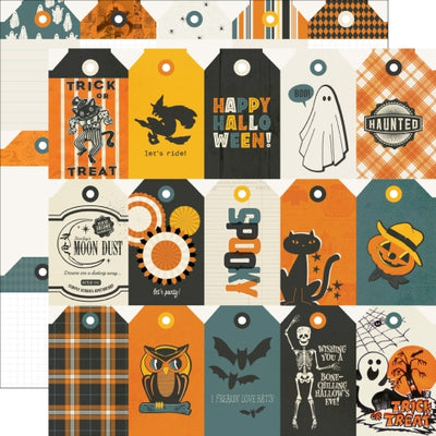 Collection of Halloween-themed decorative tags with various designs on a white background.