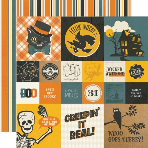 (Side A - Halloween journaling elements with phrases and images, Side B - vertical stripes of varying widths. The dominant colors are orange, dark teal/blue-green, and dark grey/black, with thinner accents of cream or light yellow)