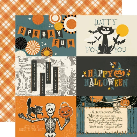 (Side A - Halloween journaling elements with phrases and images, Side B - orange diagonal plaid on a white background)