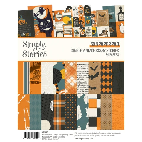 Simple Vintage Scary Stories 6x8 Paper Pad, Simple Stories—This 6x8 pad recalls Halloween memories and related paraphernalia. It is fun for cards and papercrafts and includes 24 double-sided pages.