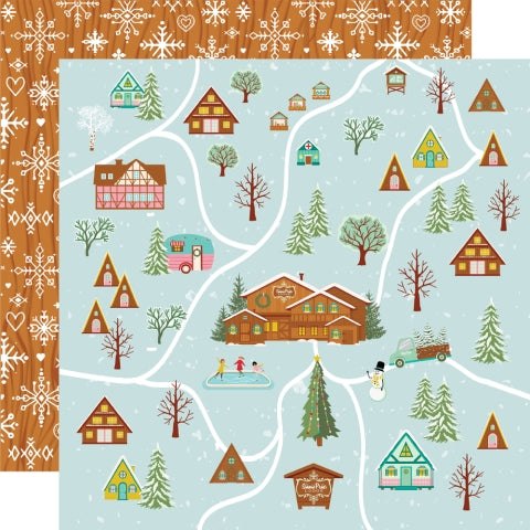 A map with winter-themed illustrations of houses, trees, and snowflakes on a blue background, woodgrain background with white snowflakes all over reverse.