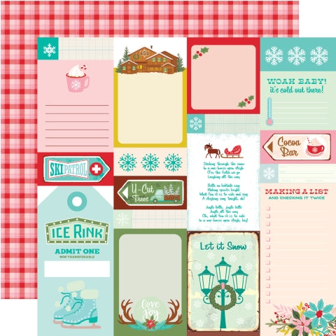 Collection of winter-themed journal elements with various designs with a red checkered background on the reverse.