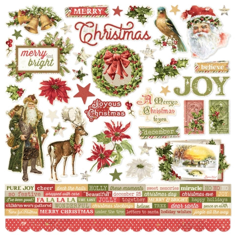 Collection of Christmas-themed decorative elements including Santa Claus, reindeer, and festive text on a white background.
