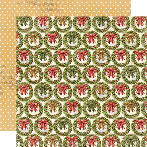 Pattern of Christmas wreaths and red bows on a beige background, with white polka dots on a yellow background on the reverse.
