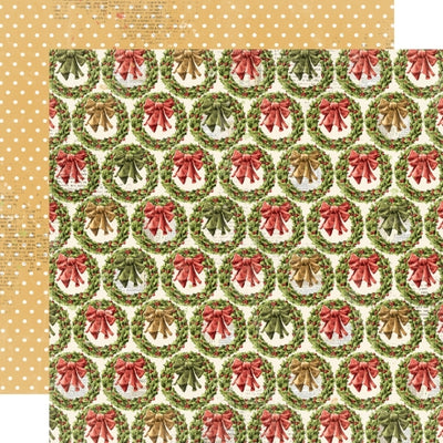 Pattern of Christmas wreaths and red bows on a beige background, with white polka dots on a yellow background on the reverse.