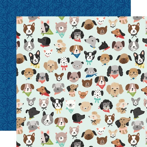 Pattern of cartoon dogs on a light blue background with a blue floral  pattern reverse.