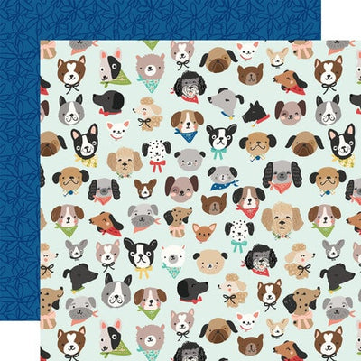Pattern of cartoon dogs on a light blue background with a blue floral  pattern reverse.