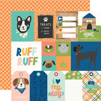 Collection of dog-themed cards and tags with various designs with an orange gingham pattern reverse.