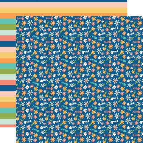 Colorful patterned paper with flowers and fish on a blue background, matching colored stripes reverse.