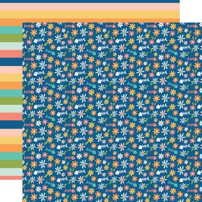 Colorful patterned paper with flowers and fish on a blue background, matching colored stripes reverse.