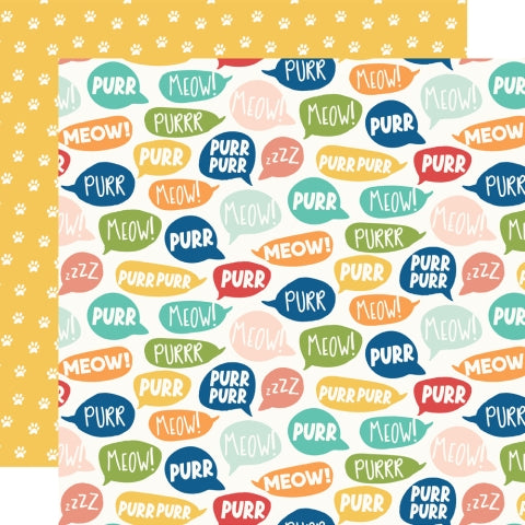 Patterned paper with 'Purr' and 'Meow!' text with a yellow background with paw prints on the reverse.