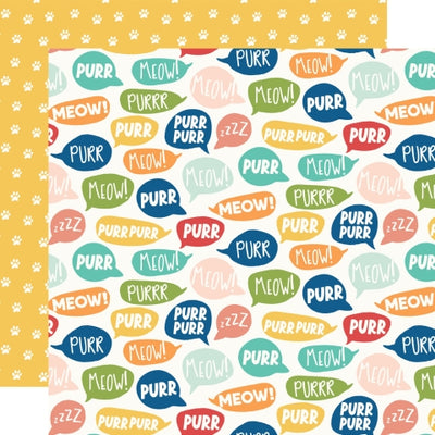 Patterned paper with 'Purr' and 'Meow!' text with a yellow background with paw prints on the reverse.