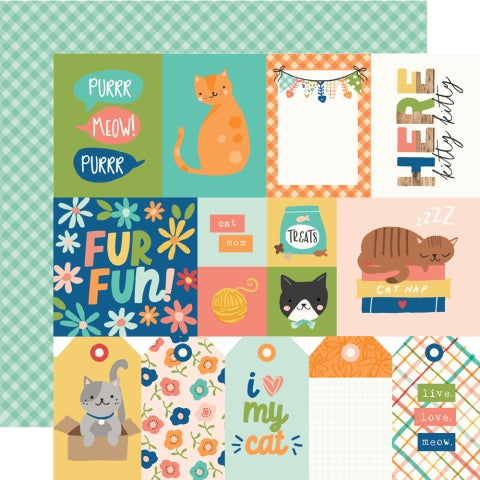 Collection of cat-themed cards with colorful designs and text with a checkered background reverse.