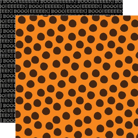 Orange paper with black polka dots and 'Boo!' text on a black background reverse.