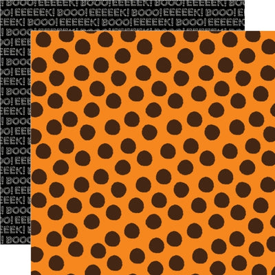 Orange paper with black polka dots and 'Boo!' text on a black background reverse.