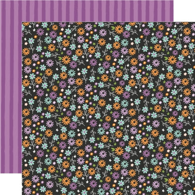 Floral Halloween-patterned paper with purple stripes on the reverse.