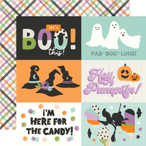 Halloween-themed collage with text and graphics with a checkered background reverse.