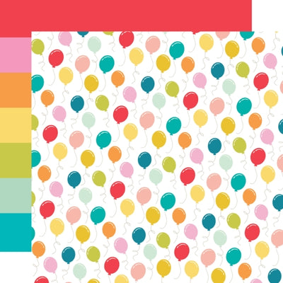 Colorful balloon pattern on a white background with color stripes on the reverse.