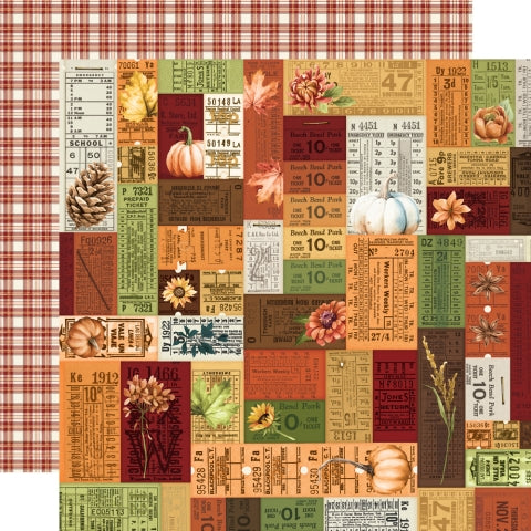 (Side A - a mosaic of different paper scraps, including old tickets, ledger paper, and various labels, all in a color palette of oranges, greens, browns, and creams, Side B - thin, red and brown plaid on a cream background)