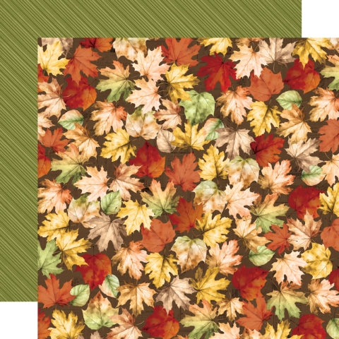 (Side A - autumn leaves in various shades of red, orange, yellow, brown, and green, scattered across a dark brown background, Side B - thin, diagonal lines in a slightly darker shade against a solid olive green background)