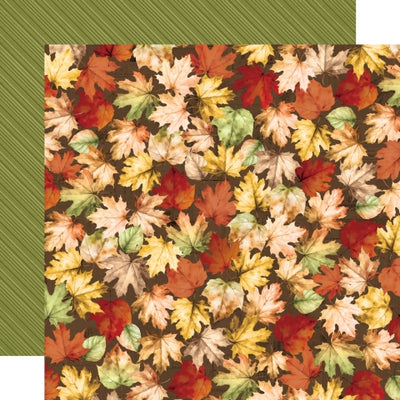 (Side A - autumn leaves in various shades of red, orange, yellow, brown, and green, scattered across a dark brown background, Side B - thin, diagonal lines in a slightly darker shade against a solid olive green background)