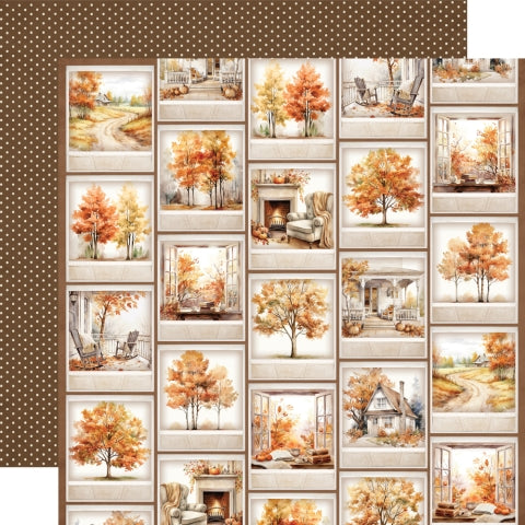 (Side A - a grid of numerous small, watercolor-style illustrations, each depicting a cozy autumn scene, Side B - a dark brown background with a repeating pattern of very small, light-colored polka dots)