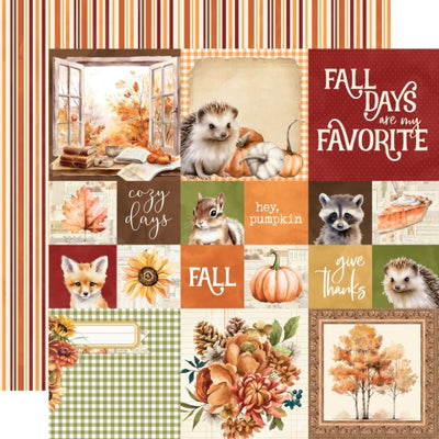 Collage of autumn-themed images with text and animals with a striped background reverse.