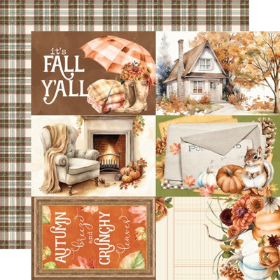 (Side A - a collage of six distinct, watercolor-style illustrations, all themed around autumn, Side B - a classic plaid pattern with a primary background of off-white or very light beige, intersected by prominent dark brown lines and thinner lines of lighter brown, red, and dark green)