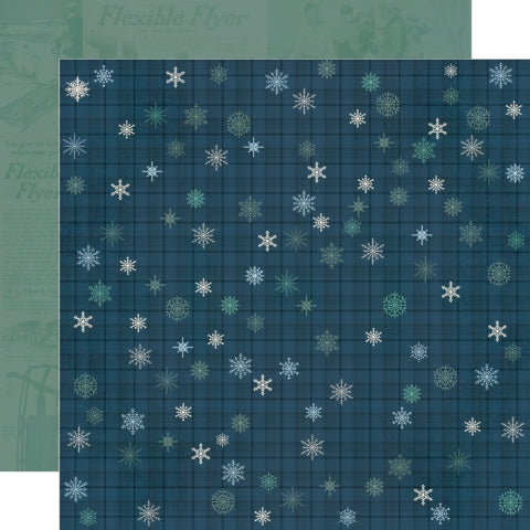 Patterned paper with snowflakes on a blue background, green pattern reverse.