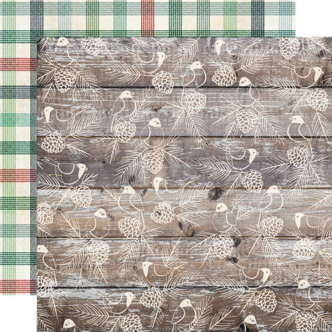 Patterned paper with birds and pine cones on a wooden background, red and green plaid reverse. 