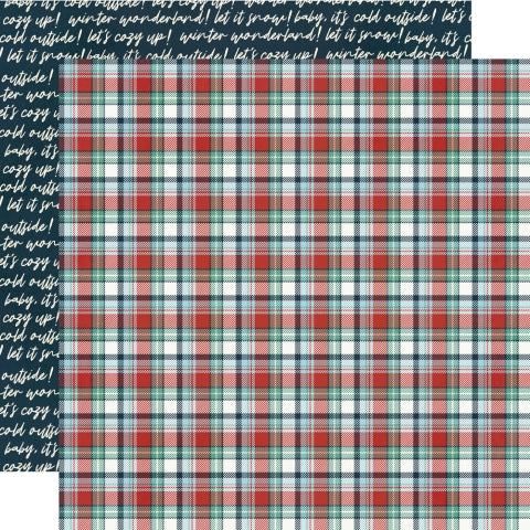 Plaid pattern with red, green, and white colors with a navy blue background with text, reverse.