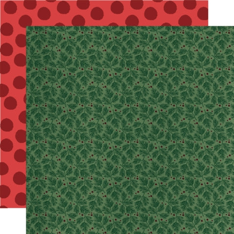 Double-sided patterned paper, one red with polka dots and one green with a holly and berries pattern.