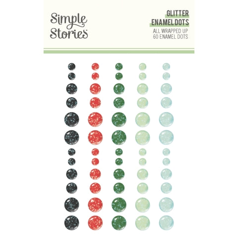 Collection of glitter enamel dots by Simple Stories in various colors on a white background.