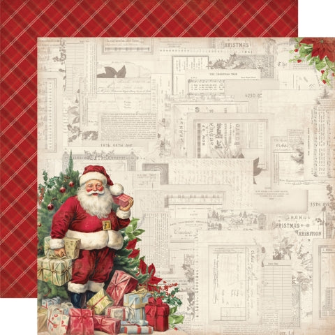 Christmas-themed paper with Santa Claus and presents on a white background reverse.