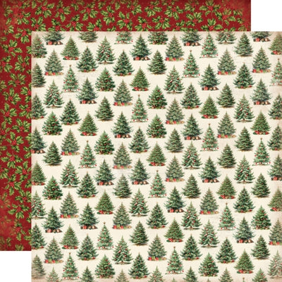 The Christmas tree pattern on a cream background, the reverse side is a red background with holly and berries.