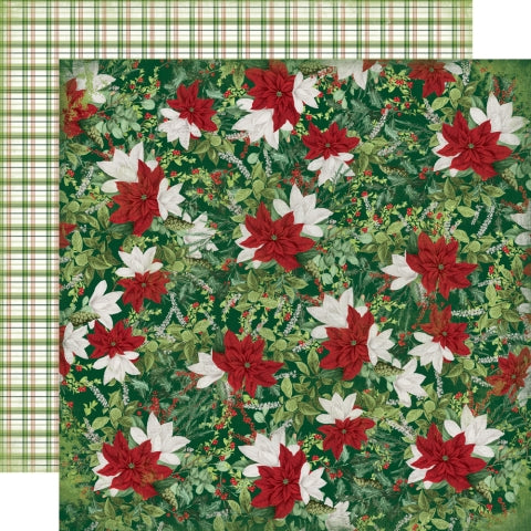 Christmas-themed paper with red and white poinsettias on a green background, green and red plaid reverse.