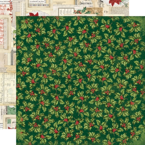 Christmas-themed paper with holly pattern on a green background, vintage labels reverse.