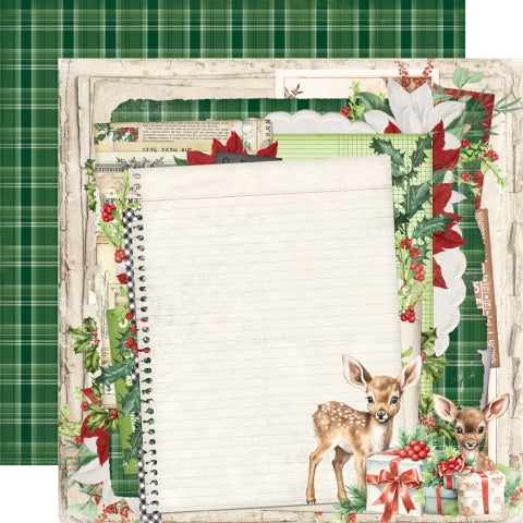 Notebook paper with Christmas-themed design featuring deer and presents with a green plaid reverse. background.