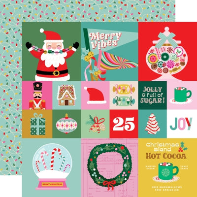 Collage of Christmas-themed illustrations with Santa Claus, presents, and holiday elements with a  christmas light patterned background.