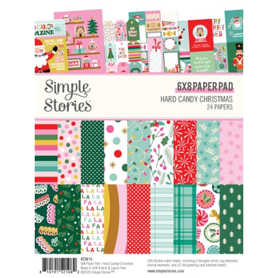 Simple Stories Hard Candy Christmas paper pad with various festive designs on a white background