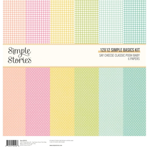 Collection of 12x12 paper sheets with various patterns and colors, featuring the brand 'Simple Stories'.
