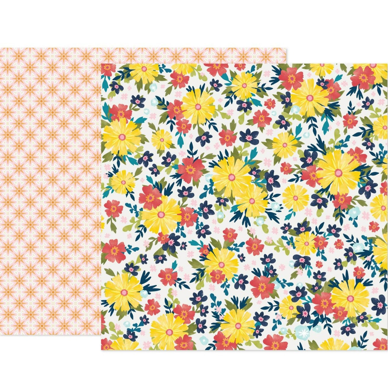 (Side A - yellow, red, and blue flowers with green leaves on a white background, Side B - yellow geometric pattern on a white background)