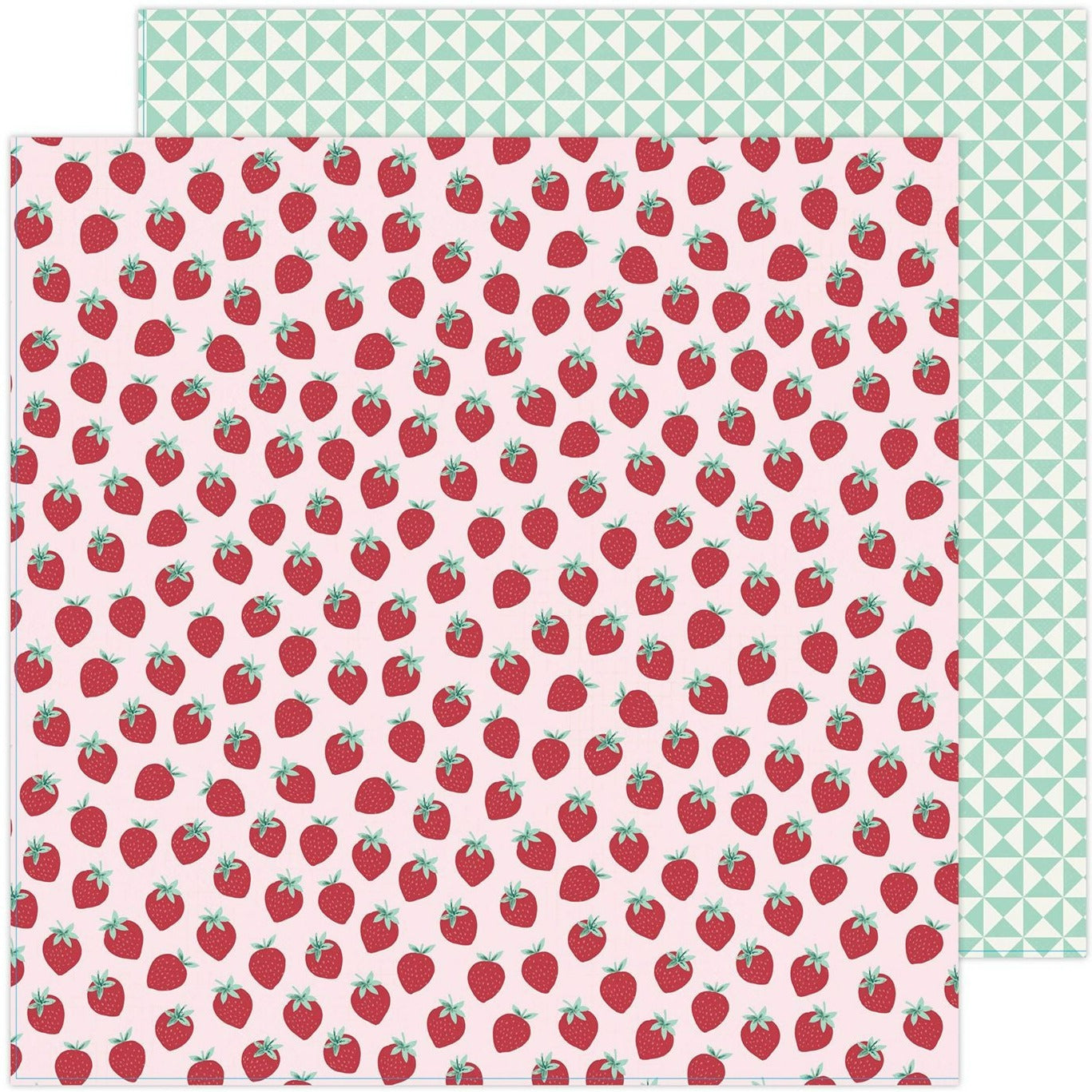 12x12 patterned paper (Side A - red strawberries with green leaves on a pink background, Side B - mint green and white star quilt pattern) - from Maggie Holmes