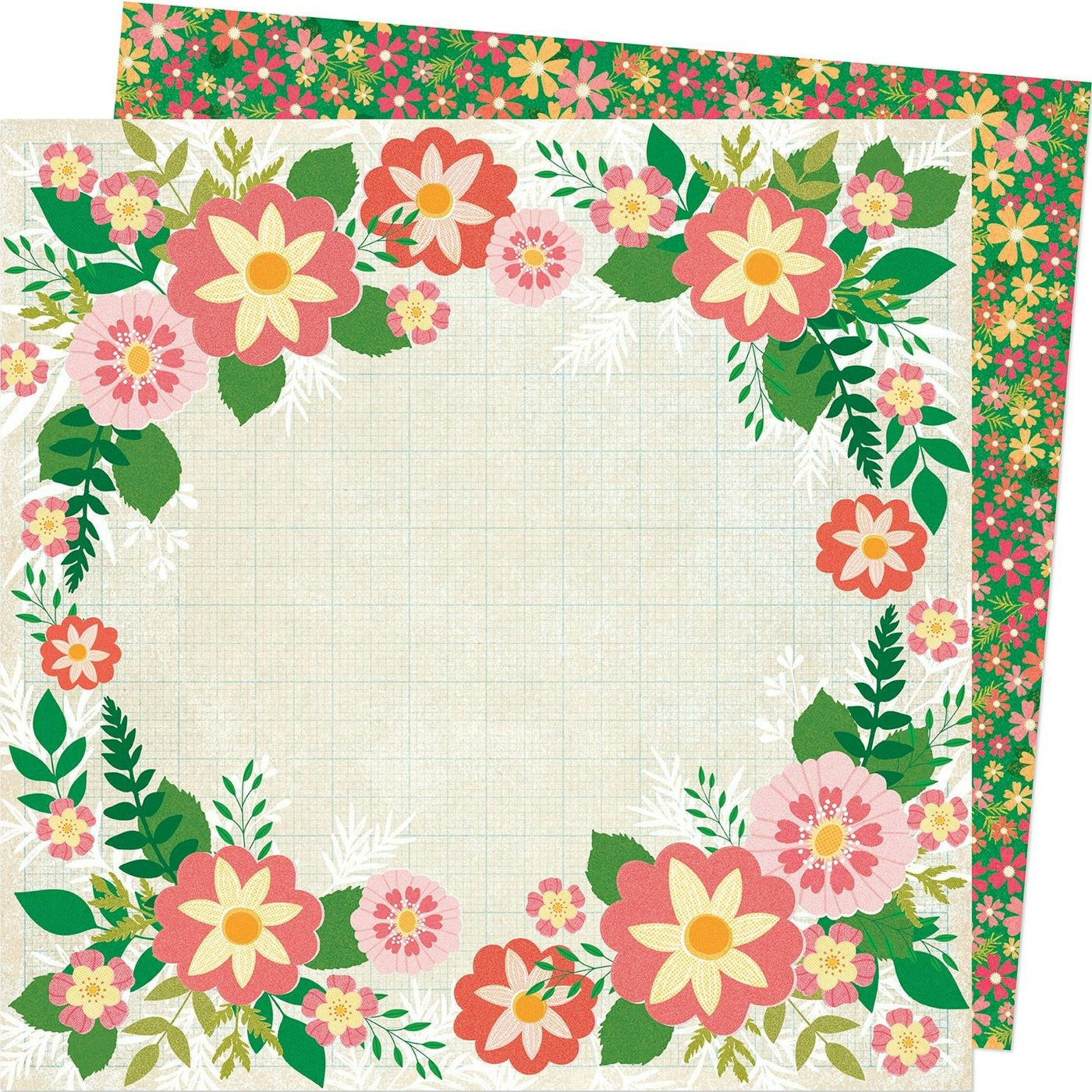 (Side A - beautiful floral frame on a cream grid background, Side B - cute little floral pattern on a green background)