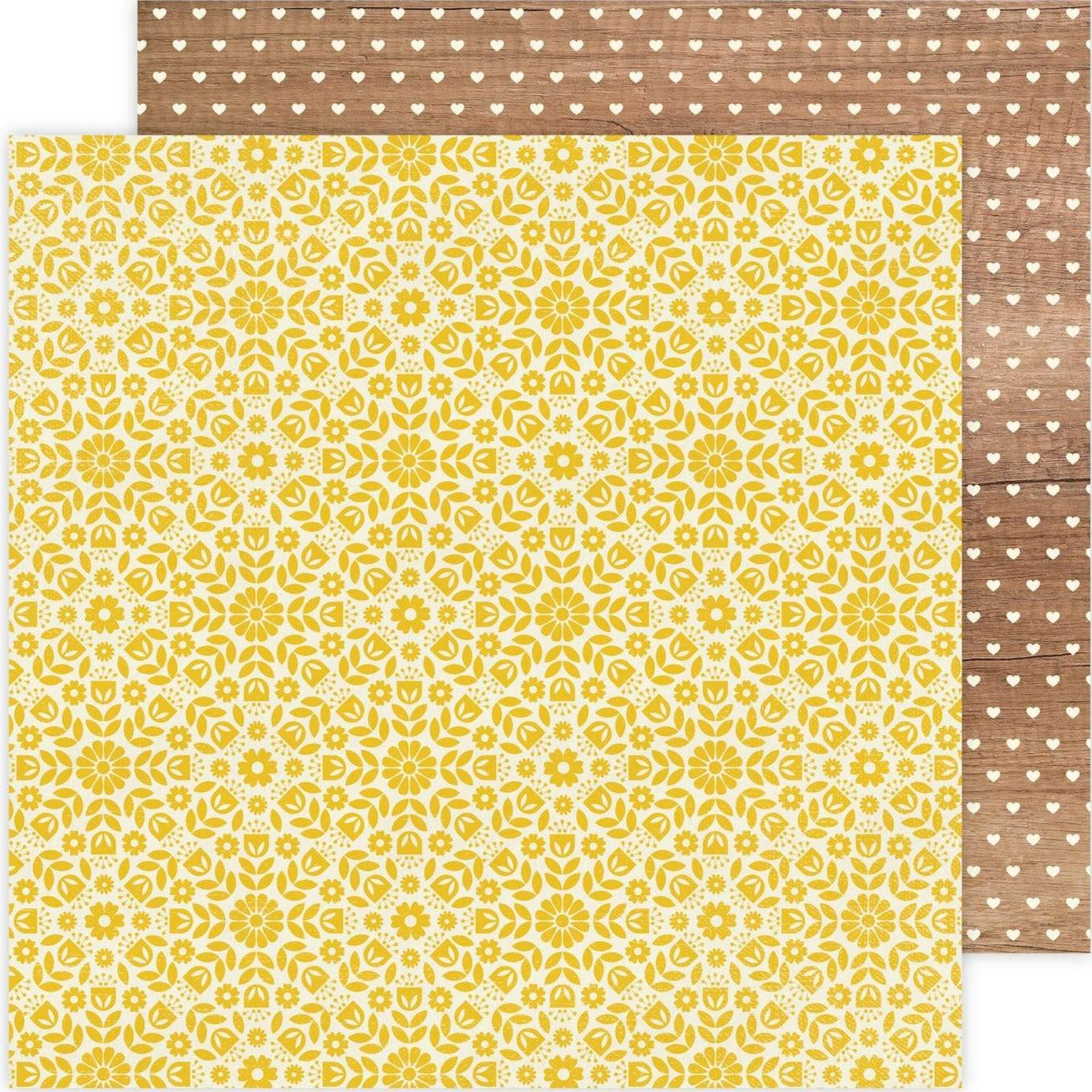 12x12 patterned paper, (Side A - yellow retro wallpaper pattern on an off-white background, Side B - tiny white hearts on a woodgrain background) - from American Crafts